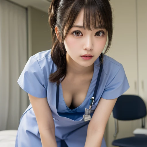 High resolution、超High resolution、photograph、Japanese Women、Looking into the distance、cute、Age 25、Random Hairstyles、Highly detailed skin、Rough skin、Detailed chest、Japanese、Leaning forward、、downblouse、Blue Nurse Uniform、Hospital room