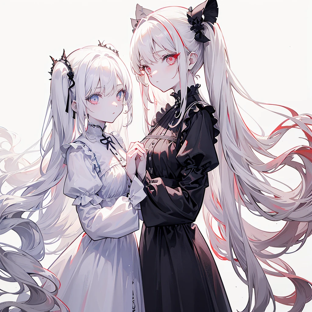 Two girls, red eyes and beige hair, blue eyes and white hair, twin tails, long hair, monochrome gothic fashion, white roses, white background,