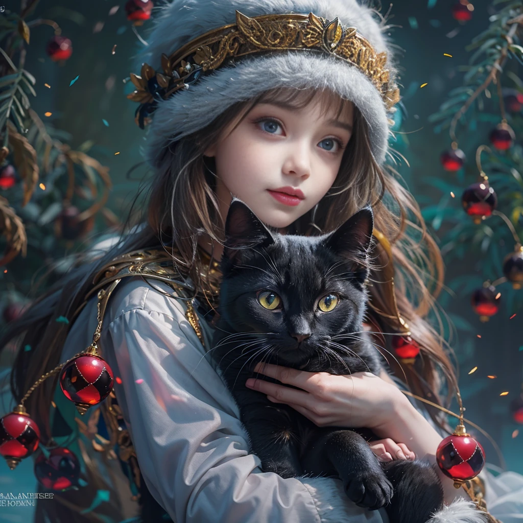 Shiny winter ornaments),High resolution,Sharp focus,(Very detailed,Very detailed),(Realistic artwork:1.37),(Very detailed CG unity 8k wallpaper),(((Vibrant colors,Vivid Themes))),(Complex),(masterpiece),(Highest quality),Artistic photography,(photo shoot:SLDR),(Complex background),perfectly rendered face,Perfect facial details,Realistic Face,Realistic,Analog Style,((Complex detail)),(((realism))), Holding a pet, Black cat, Cat and girl