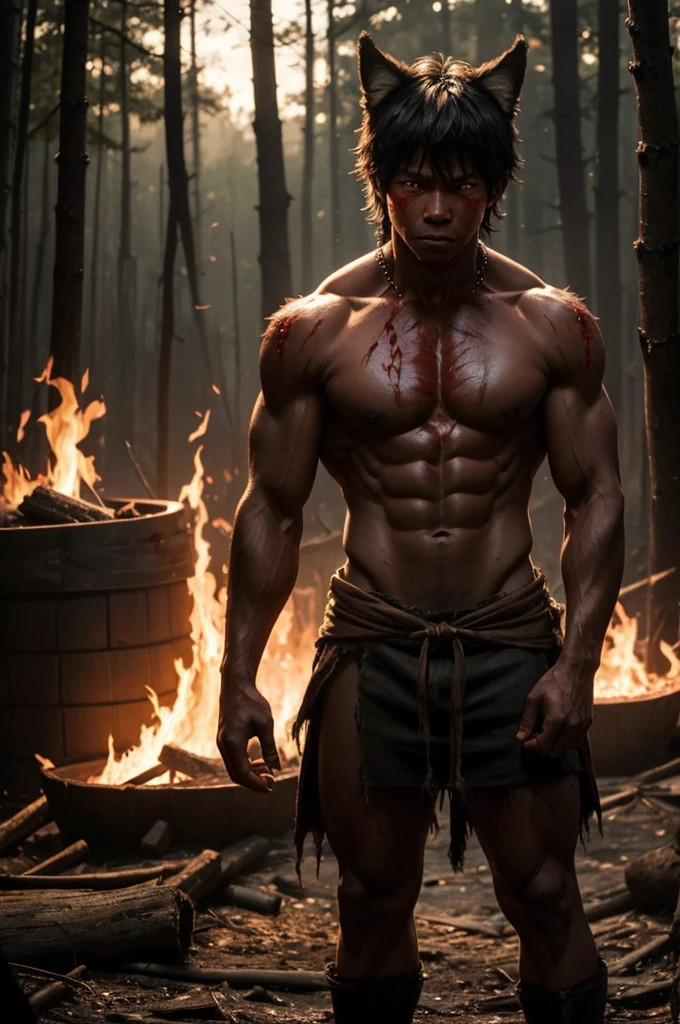  werewolf boy，Topless，Red skin，covered in wounds，Muscle fullness，Standing，Tears，Wolf ears，Smooth skin，Standing on the dirt，Strong thighs，Well-developed chest muscles，Standing on the Fire，