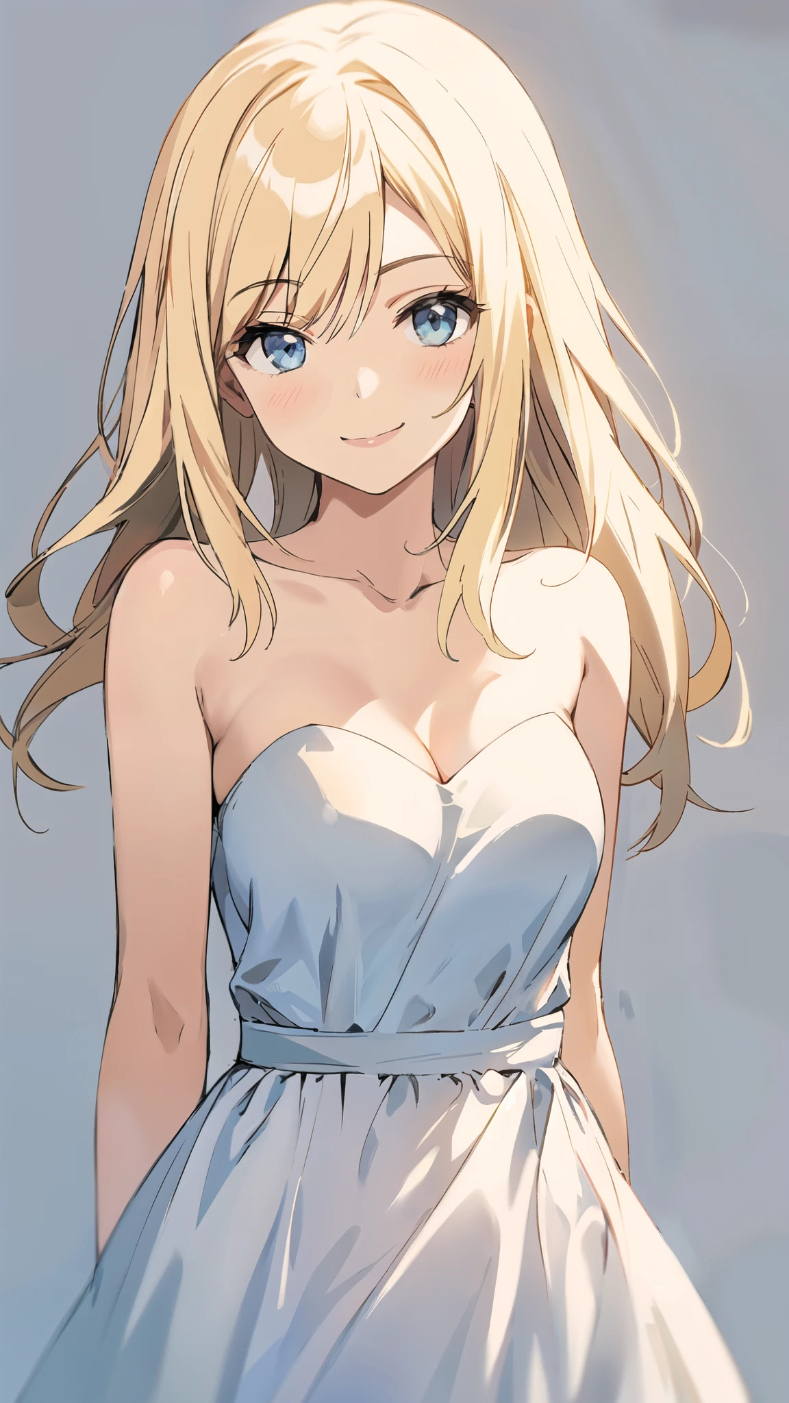 solo, 1girl, strapless, bride dress, simple background, seductive smile, middle breasts, middle hair, blonde