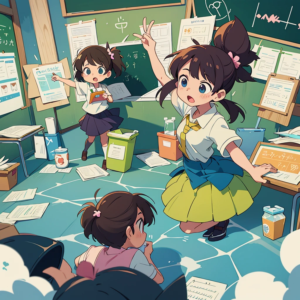 Anime drawing of a teacher explaining in class to the students about the presentation of the different labeled containers for solid waste. (organic, inorganic, hazardous).
