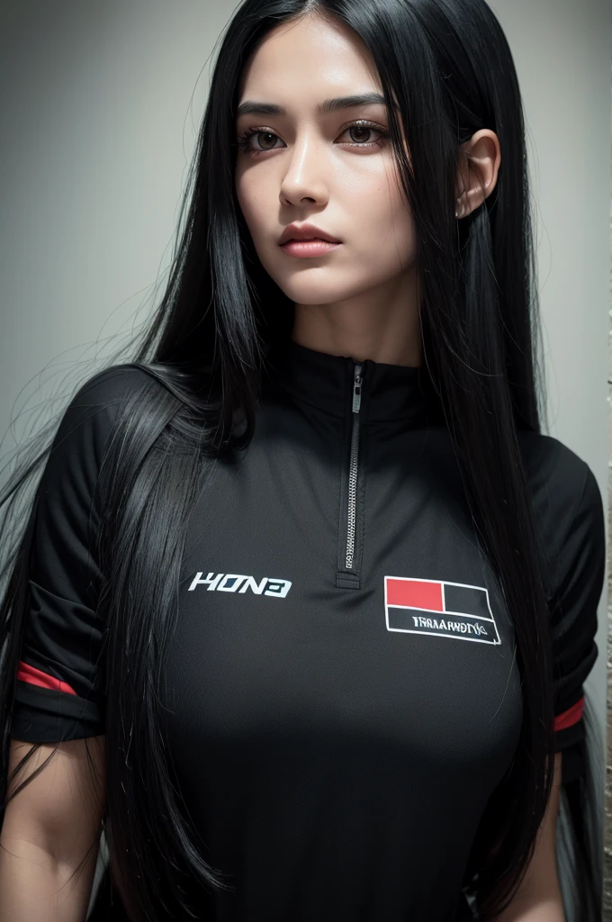 Realistic human woman, Bblack hair, bangss, long straight hair, black jersey, hospice fund, blood in The face