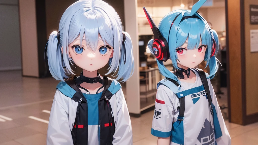 Light blue hair, standing figure, red eyes, cyber clothes, cute, slanted eyes, short pigtails