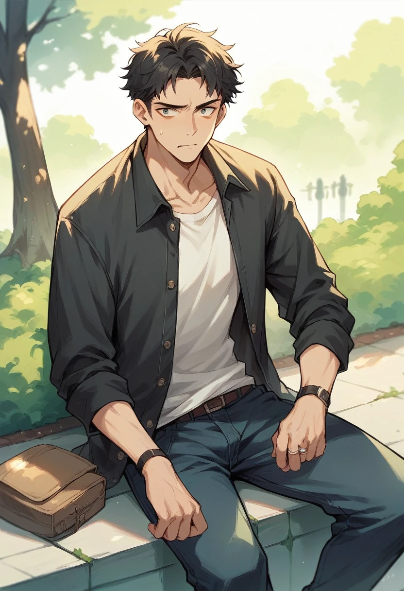 A boy is sitting alone in the park jobless unhappy depression