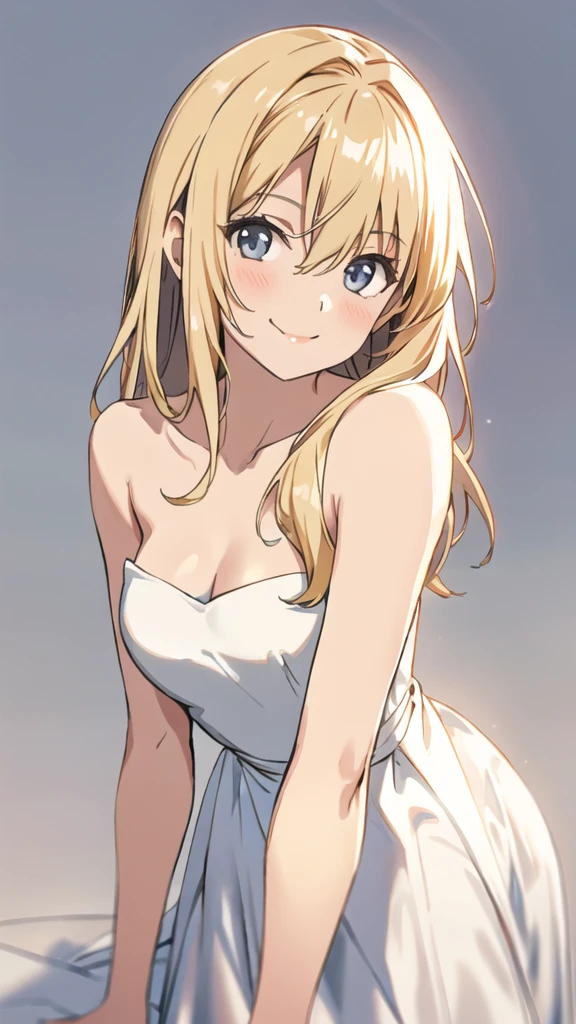 solo, 1girl, strapless, midi dress, simple background, seductive smile, middle breasts, middle hair, blonde