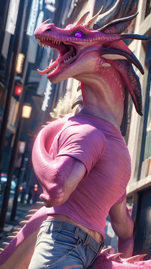 1girl, beautiful detailed eyes, horrified, scared, screaming, beautiful detailed lips, extremely detailed eyes and face, pink t-shirt, white jeans, standing on a street corner, award winning, intricate details, photorealistic, cinematic lighting, volumetric lighting, depth of field, beautiful face, striking pose, dynamic composition, vivid colors, warm tones, dragon