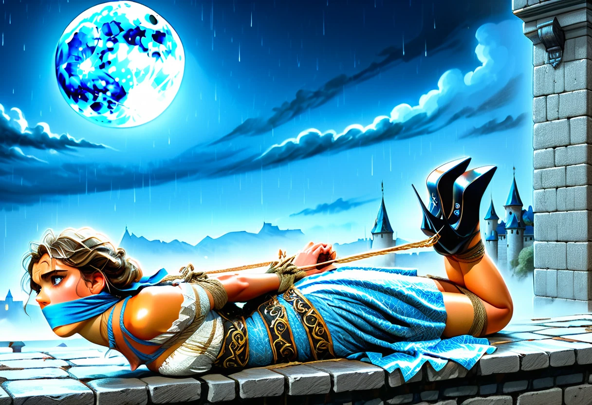 Graphics novel illustration, best quality, high resolution, 8k aesthetic, mesmerizing celestial moonlight, Over the walls of a large castle. A beautiful young woman in a short (Armored Dress), hogtied&gagged, ((laying on stomach)), short skirt, feet bound, feet up, ankles bound, lift skirt, heels, hands together elbows apart, feet linked to shoulders, (otm gag:1.5). Large walls in the background, bound with jute rope. The cloudy sky breaking to reveal the blue moon. Rain is pouring across the landscape as heavy wind blows the banners at the crenellations. lightning strikes in the background directly hyper realistic. Epic scene like a dream. The world is majestic and darkess is about to prevail. Beautiful masterpiece of art.. beautiful contrast of the light along the walls which has an incredible reflection. Laying on walls. dress made of iron on the female. high aspect ratio. beautiful composition. detailed textures. beautiful detailed moon.