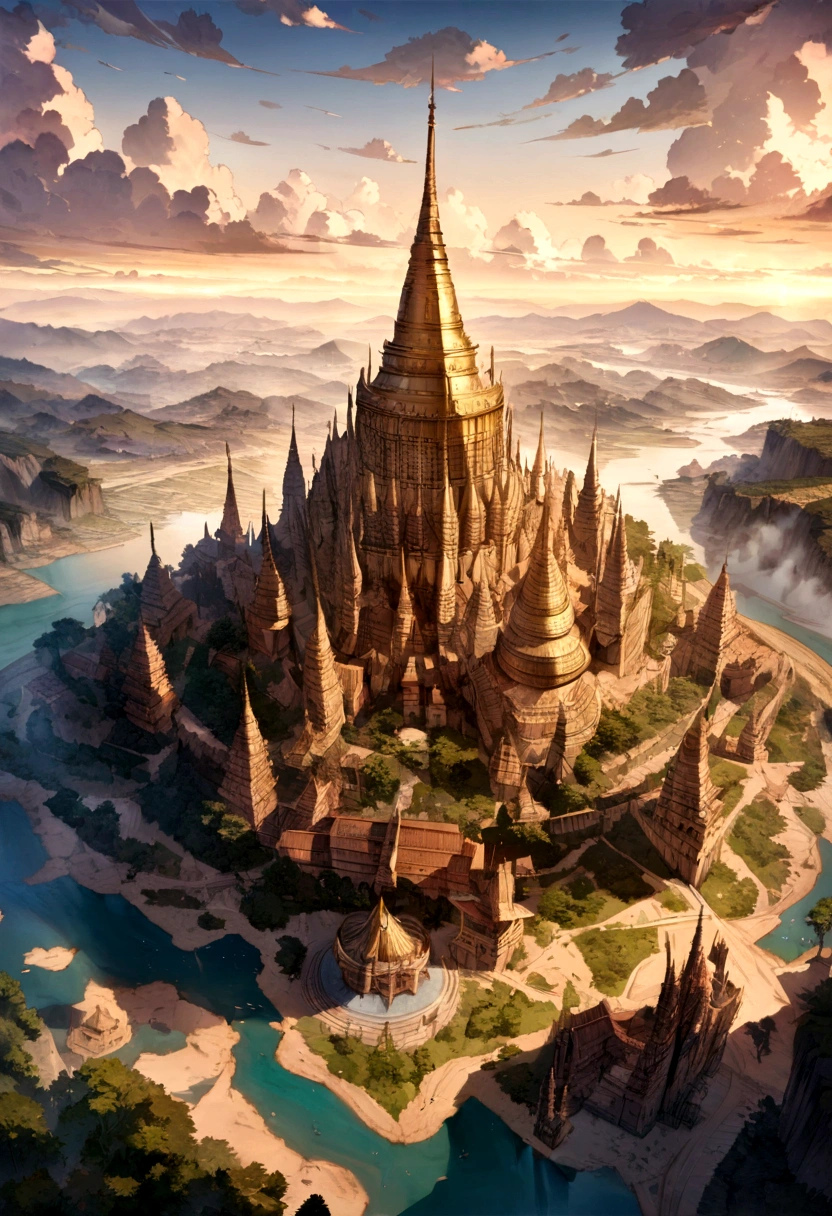 (best quality, masterpiece, detailed, new function), Myanmar map with shimmering effect and timeless realm. The map features reflective surfaces and tall buildings reaching up to the clouds.. Stunning crafted details.