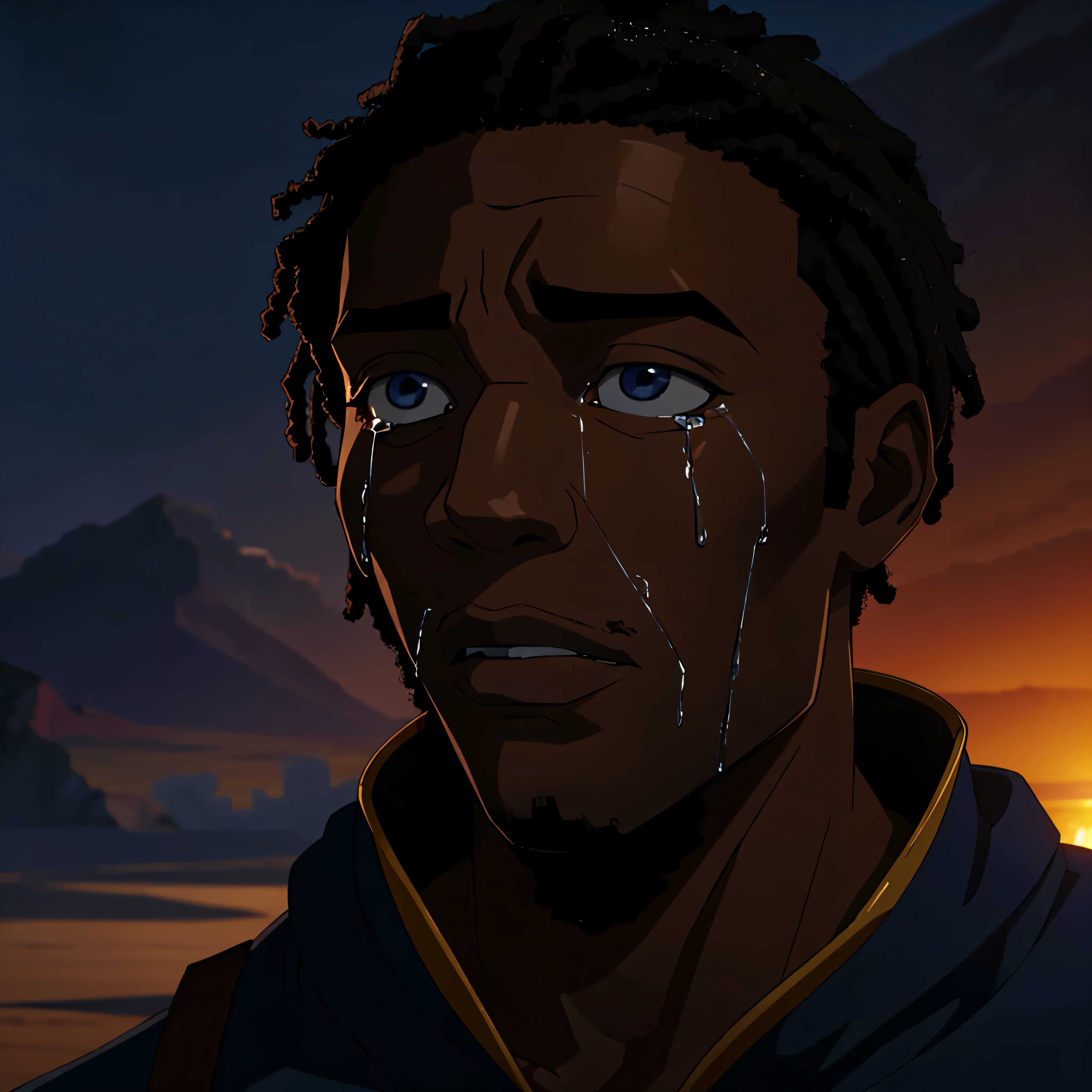 depressed black man crying, cinematic action, masterpiece, super detail, textured skin, atmospheric perspective,