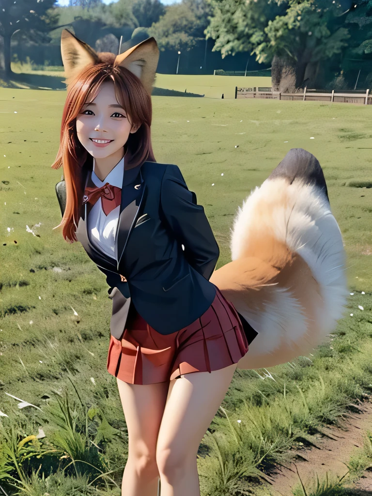 ((Highest quality, 32k)), ((masterpiece)), (Familiar), Perfect Face, , pretty girl, On the grassland, She has a bushy tail, (She has a red fox tail.:1.5), She stands up her fluffy tail, Beautiful hip line, Small breasts, She is wearing a cute business suit, A large tail sticks out, Climbing on all fours, Slender body, She looks shyly at her tail, Her tail pushes up her skirt to reveal her white panties, (A single red fox tail protrudes from the hem of her skirt.:1.4), Embarrassed face