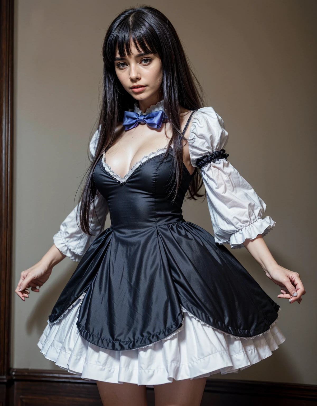 1 chica, full body photography, athletic, strong woman body, slim woman body, bowtie, frills, black dress, puffy sleeves, short over long sleeves, long sleeves, deep-blue hair, long hair, frederica bernkastel, purple hair, dress, bowtie, mary janes, socks, cat tail, tail bow, tail ornament,
purple eyes, constituir, Volumetric lighting, Mejor calidad, obra maestra, detalles intrincados, mapeo de tonos, sharp focus, hiper detallado, tendencia en artstation, Realista, belleza de talla mundial, joy face, vista frontal, detailed background, centered photo, perfectly drawn hands, closed dress at chest, wide sleeves