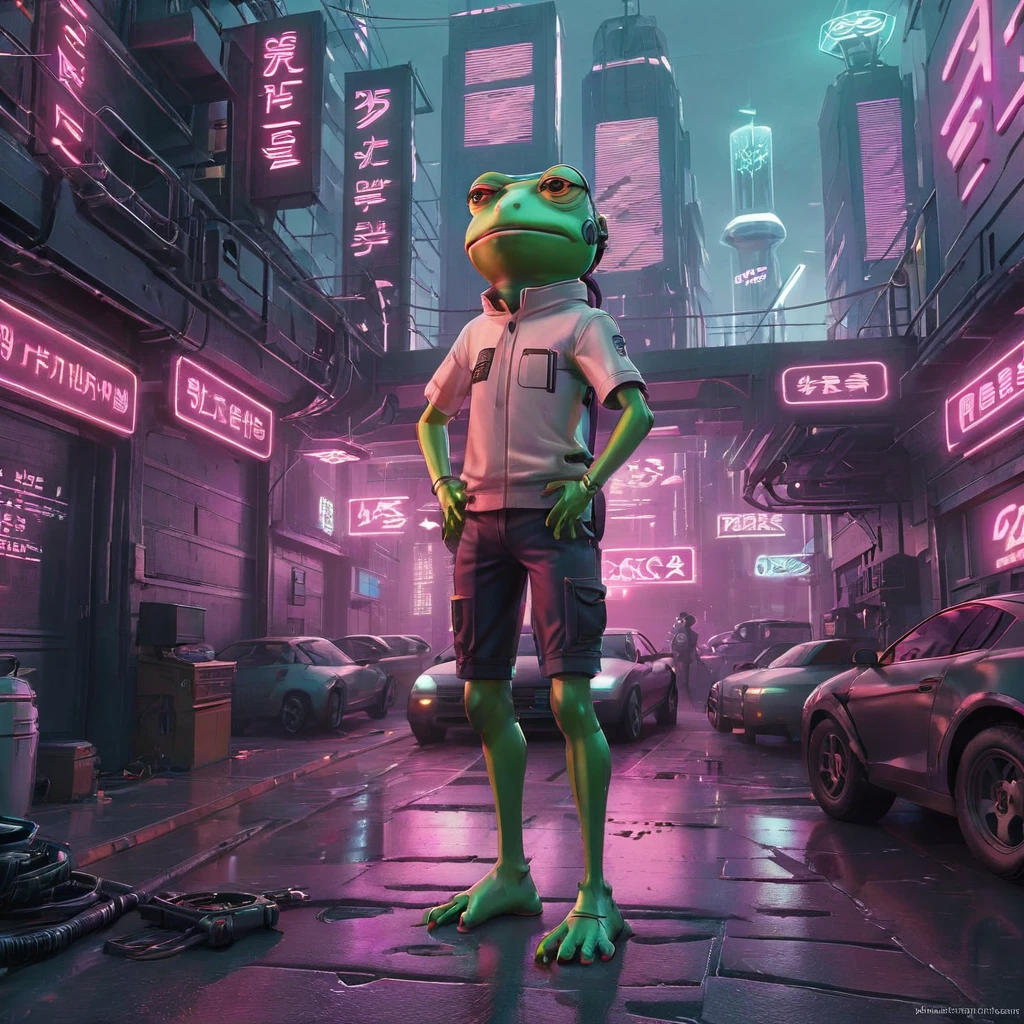 Create a digital artwork of Pepe Frog in a Cyberpunk setting. Pepe should be anthropomorphized, standing on two legs and wearing futuristic attire complete with neon accents, cybernetic implants, and high-tech accessories. The background should be a bustling Cyberpunk cityscape, filled with neon signs, towering skyscrapers, and flying vehicles. Pepe's expression should be one of cool confidence, embodying the rebellious spirit of the Cyberpunk genre. The color palette should be rich and vibrant, with a focus on neon blues, pinks, and purples. The artwork should be highly detailed, capturing the intricate designs of Pepe's outfit and the complexity of the Cyberpunk world around him 