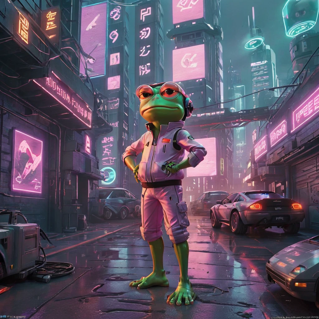 Create a digital artwork of Pepe Frog in a Cyberpunk setting. Pepe should be anthropomorphized, standing on two legs and wearing futuristic attire complete with neon accents, cybernetic implants, and high-tech accessories. The background should be a bustling Cyberpunk cityscape, filled with neon signs, towering skyscrapers, and flying vehicles. Pepe's expression should be one of cool confidence, embodying the rebellious spirit of the Cyberpunk genre. The color palette should be rich and vibrant, with a focus on neon blues, pinks, and purples. The artwork should be highly detailed, capturing the intricate designs of Pepe's outfit and the complexity of the Cyberpunk world around him 