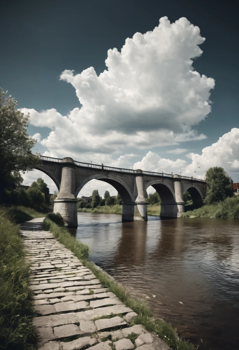 A REALISTIC NEW PHOTO PICTORIALISM PHOTO of a brick bridge over river, fluffy clouds in the background, in the style of zeiss ikon zm, cluj school, analogue filmmaking, photo, dark white, confessional, washed-out, HDRI.