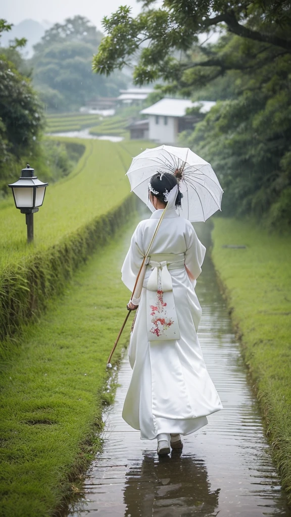 A bride wearing a pure white kimono bride costume, wearing a white simple fox mask on her face, raining, rural rice fields, walking on the path, looking down a little, there is a person with a big umbrella next to the bride, a person with a lantern is marching before and after the bride
