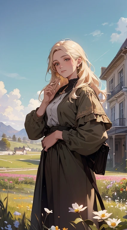 Painting of a woman standing on a hill with flowers in her hands, art by Édouard Bisson, krenzcushart, Opa jeremy lipkin, inspirado em Pierre Auguste Cot, Opa painting style, moebius + Roish + Opa, por Aleksander Gine, Marcos Ariane, inspirado em Cynthia Sheppard