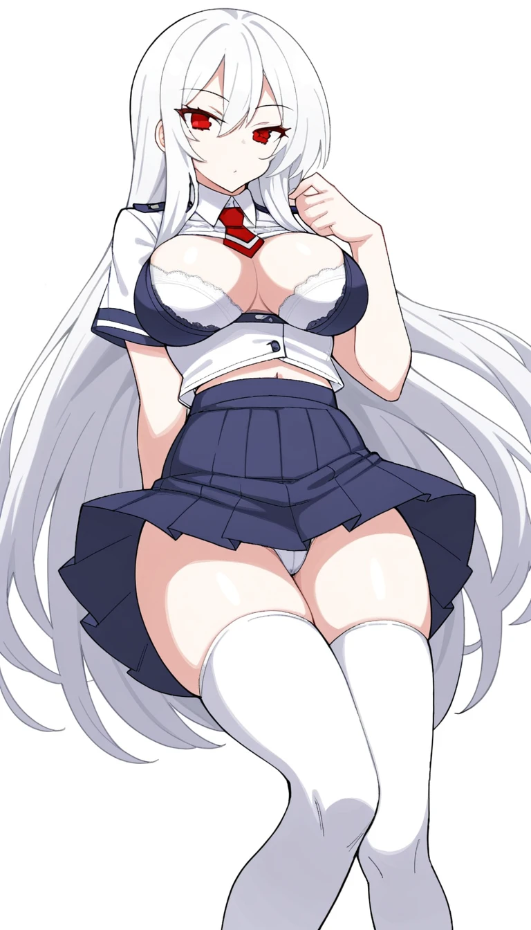 an anime of a male character, posing very realistically, in undergarments, 1girl, solo, breasts, underwear, bra, long hair, thighhighs, large breasts, skirt, white thighhighs, white hair, navel, looking at viewer, simple background, white background, red eyes