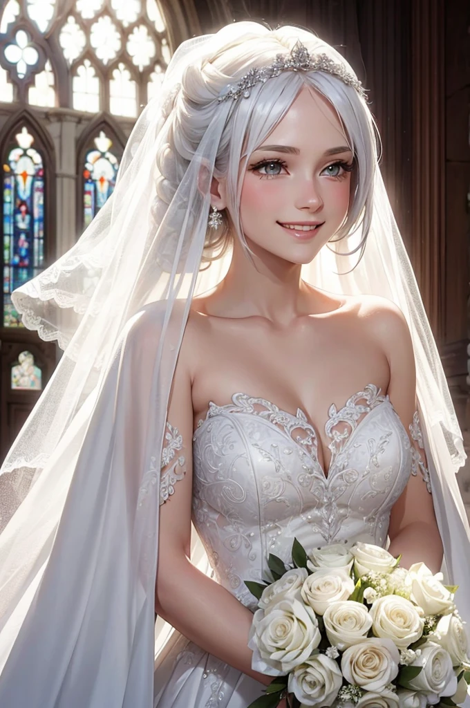 beautiful white haired、woman、Bouquet in hand、smile、tears in my eyes、church、The sunlight that came in is shining、(ALL nude:1.3)