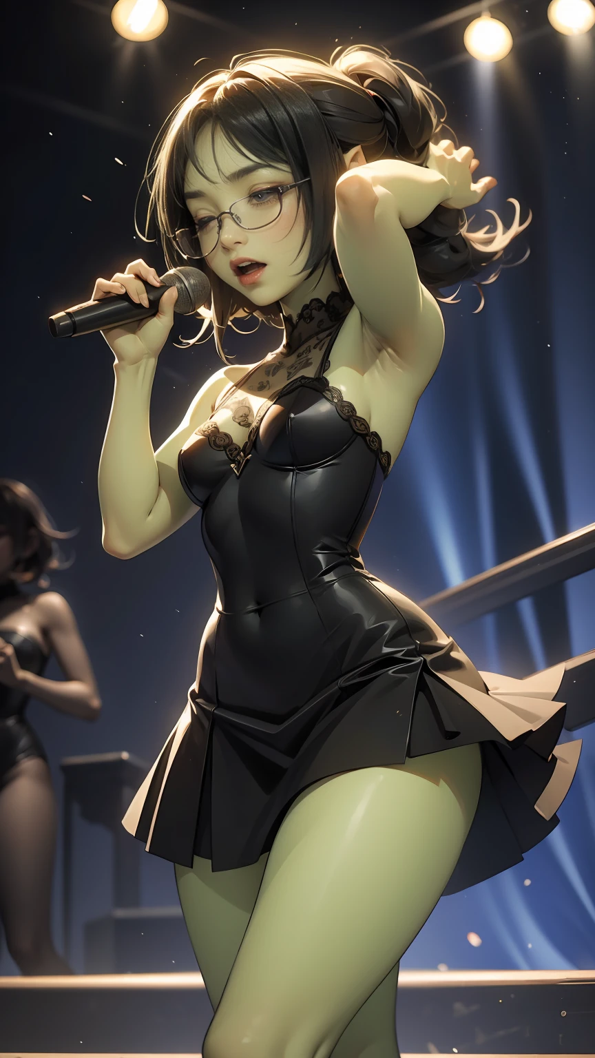 ((best quality)), ((masterpiece)), (detailed), perfect face, ((green skin)), pointy ears, tiny breasts, wearing black rimmed glasses, short dark hair, wearing tiny lace black bra and short black skirt and black pantyhose and back pumps, visible midriff, (night outside), very drunk, singing karaoke, having a great time, singing loudly, dynamic pose, colorful lighting, cinematic still, eyes closed, having fun, happy