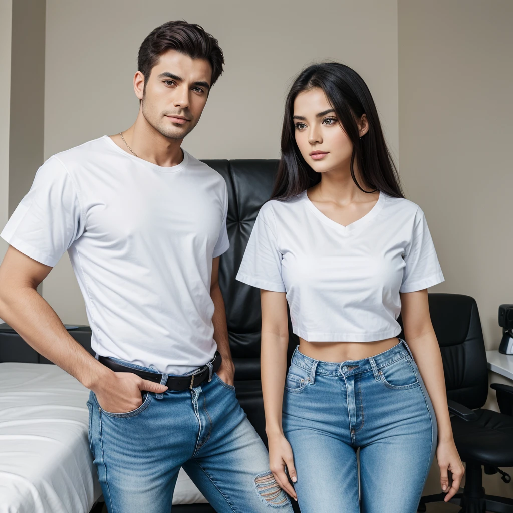 A handsome psychiatrist docter and his pretty mad pshycho girl patient. Patient girl wearing white t shirt and black jeans, mad girl