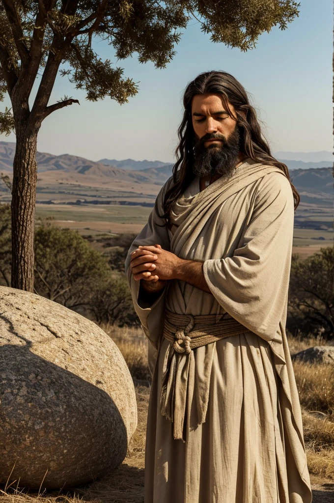 paint me a picture that takes place in an ancient and serene landscape reminiscent of the biblical era. one men, evocative of the time of Jesus, is portrayed in deep prayer. Her long dark hair cascades over her shoulders., slightly wavy and tousled, enhancing your humble appearance. A thick, full beard frames your face, showing signs of wear and the wisdom of the years.
Your eyes are closed in sincere devotion, with furrowed eyebrows indicating intense focus and a deep spiritual connection. Your hands are tightly clasped, his knuckles slightly white and he's on his knees, suggesting humility and submission to a higher power.
He wears a simple tunic, typical of the time, made of thick, earthy fabric. The cloak is slightly tattered and dusty, indicating a life of simplicity and perhaps a long journey. The fabric falls freely over your body, with a rope belt cinching him around his waist.
The background presents a peaceful and natural environment. On one side, there is a big stone, perhaps serving as an improvised altar. The sky above is a gentle gradient of twilight colors, with hints of stars starting to appear. A few scattered trees and bushes dot the landscape, emphasizing the remote and solitary nature of his prayer.
The overall mood of the image is one of tranquility., devotion and reverence, capturing a timeless moment of spiritual connection.
If you have any additional details or specific elements you would like to include, feel free to let me know!
