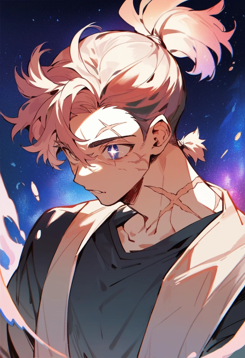 1boy, Strong, cream hair with dark gray streaks, scars, galaxy eyes, small ponytail