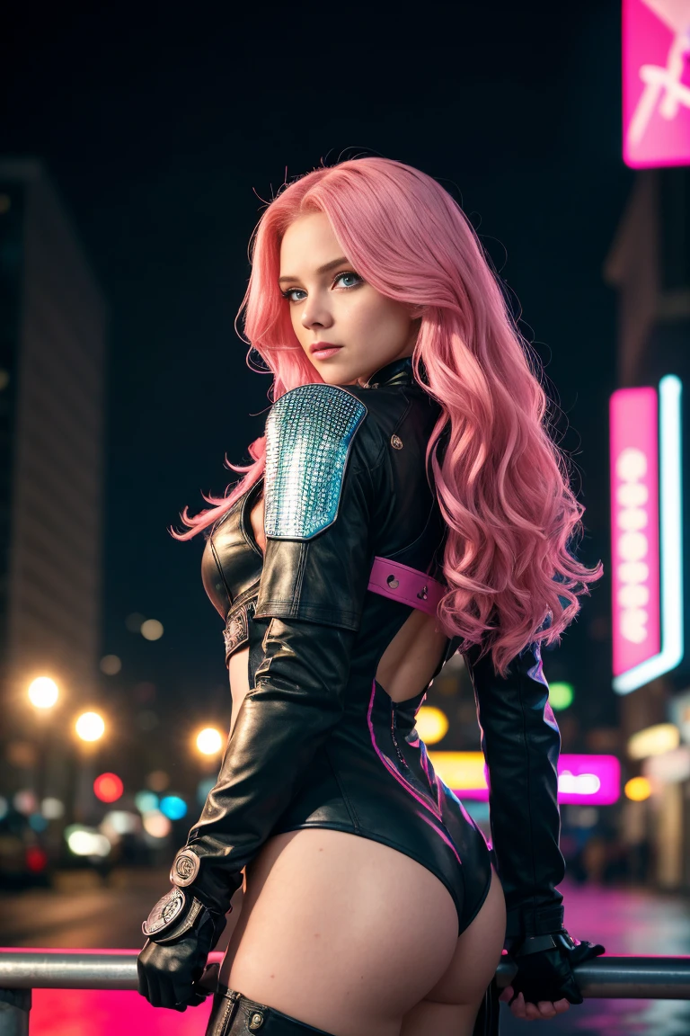 Angela is a beautiful 19 year old woman., long, wavy, pink hair, detailed blue eyes, detailed face, camera ready, highly detailed leather, strong compact body, (medium cup size), wearing a cyberpunk dress with many details , Pink colour, futuristic cyberpunk city background, misty, wet, Raining, Best masterpiece quality, realistic photo, intricately detailed, 8k, HDR, shallow depth of field, wide light, High contrast, backlight, Flags lit, chromatic aberration, sharp focus, Raw color photo, looking to the camera, shipment