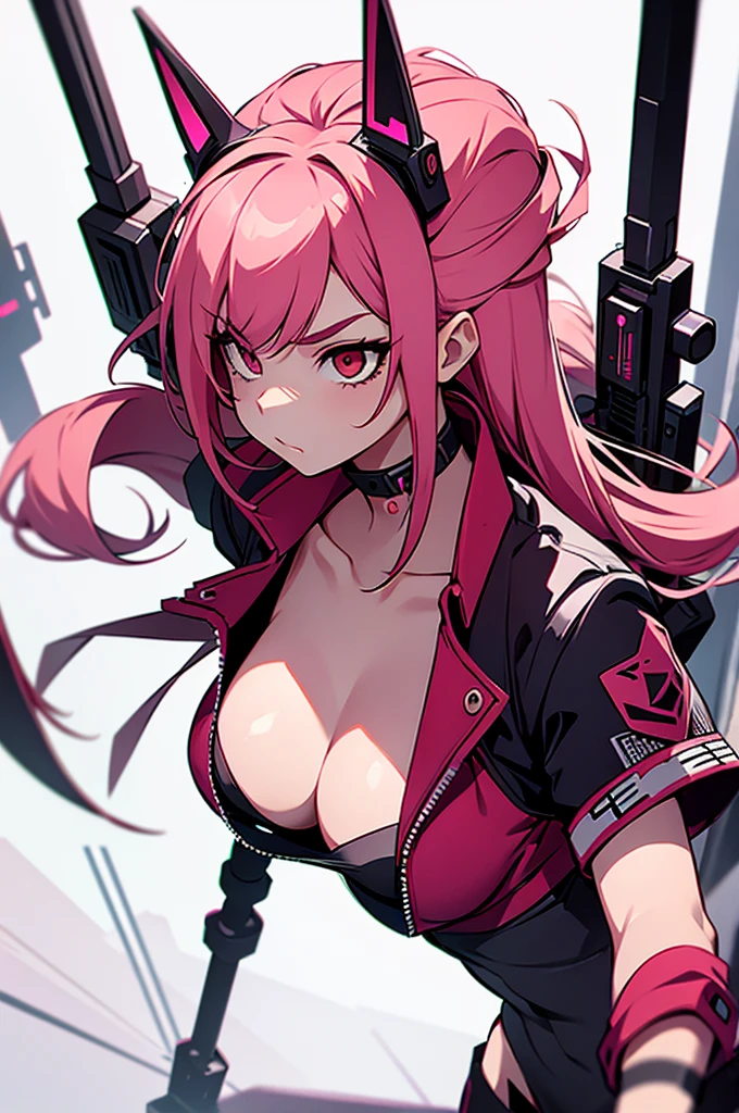 bunny girl, her hair is pink and long, her style is cyberpunk with weapons red around the body 