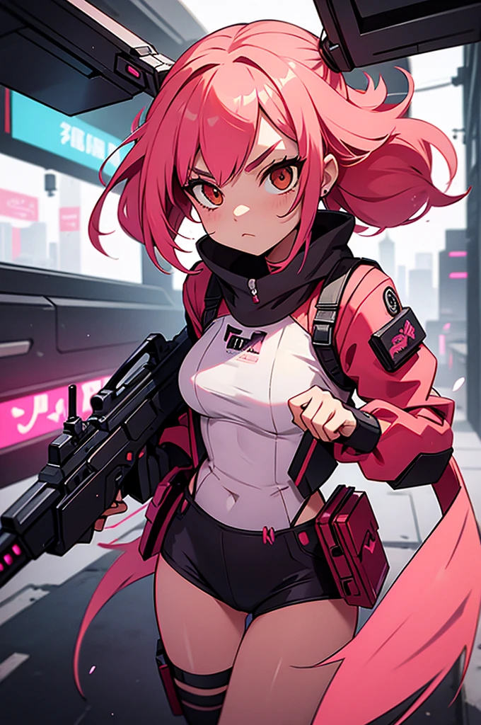 bunny girl, her hair is pink and long, her style is cyberpunk with weapons red around the body 