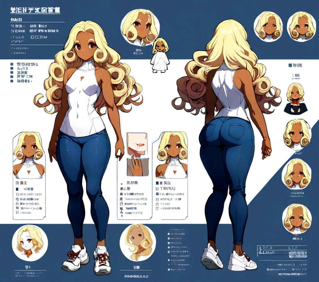 Character sheet, full body, view of the character "front, side and back" front woman, long curly hair, blonde hair, tanned white skin, short height, fit and sensual body, small breasts, big ass, thick thighs, brown eyes , white blouse with blue shoulders, long blue jeans, white sneakers, right hand holding a red flower