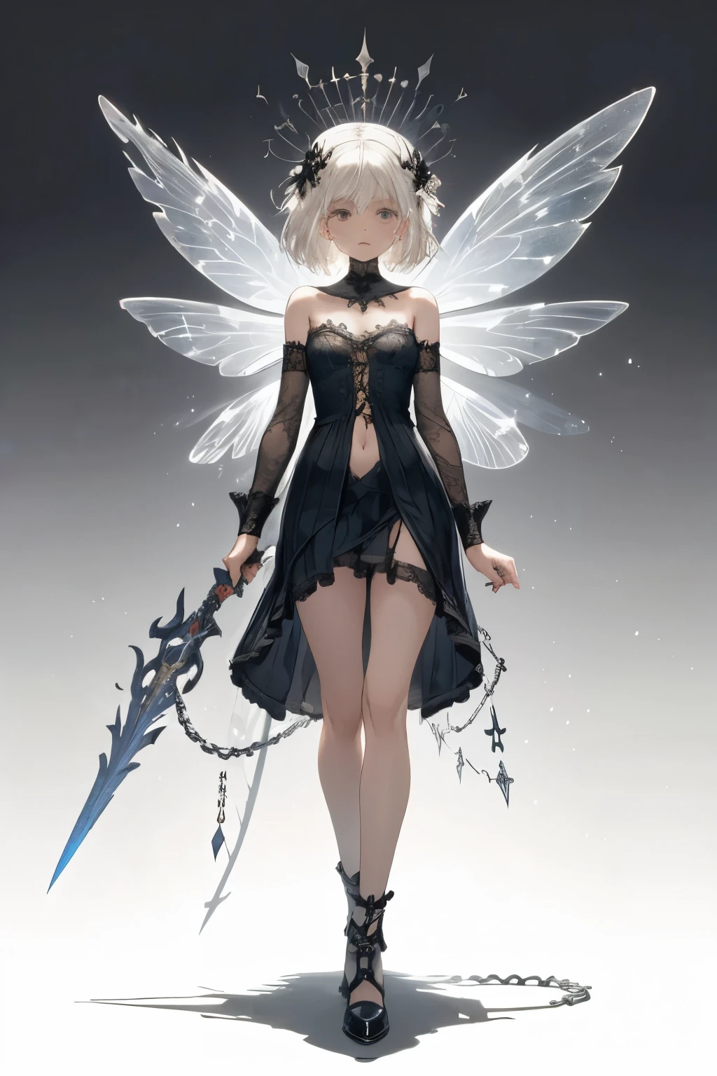((best quality)), ((masterpiece)), (detailed), 1girl, off-shoulder, Character design, female, long white grey hair, grey white eyes, small frame, very skinny, detailed, best quality, no accesoires around the neck, no shoes, prominent collarbones, skinny arms, flat stomach, visible hip bones, full body, blank white background, plain background, white background, red and white clothing, Bloodborne inspired, occult aesthetic, occult, detailed and intricate steampunk and detailed gothic, NSFW, Very dramatic and cinematic lighting, cosmic horror, grim-dark, side-lighting, perfect face, NSFW, Fluttering lace flared long knee length dress with frilly petticoats, knee length dress, pleated petticoats, petticoats gothic, complex lace boots, side-lighting, gothic ta aesthetic, wielding a mighty sword with mechanical components, various different types of insect wings, NSFW, full body, whole body, body, plain background, white background, blank background, no background, white background NSFW, chains, full body, whole body, head-to-toe NSFW