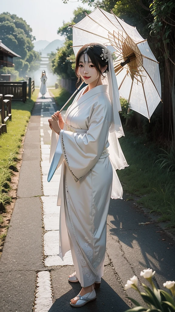 A bride wearing a pure white kimono bride costume, wearing a white simple fox mask on her face, raining, rural rice fields, walking on the path, looking down a little, there is a person with a big umbrella next to the bride, a person with a lantern is marching before and after the bride
