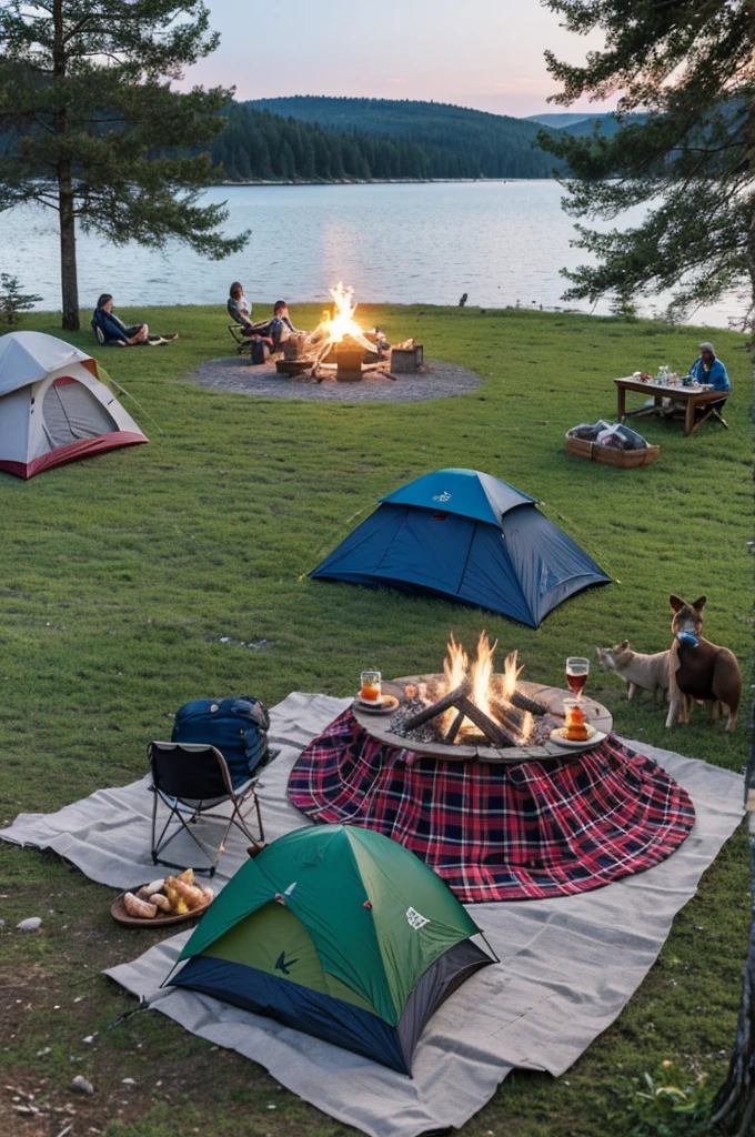 A picnic by the lakeside, with tents and a campfire in the center. Forest animals in modern clothing are gathered around the campfire.
