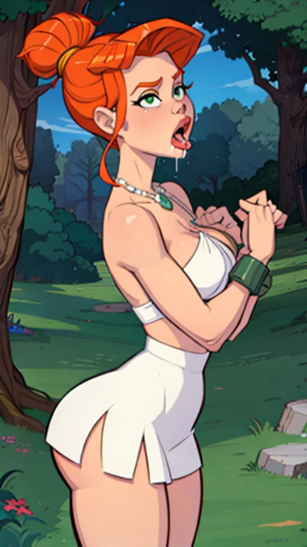 1girl, wilma, the flintstones, Best quality, masterpiece, cowboy shot, mid distance shot, orange hair thight in a bun, green eyes, tight mini white dress made of leather and stiches cloth, bdsm, rope tie, shackles, , gag, open mouth, dripping saliva, prehistoric scene, necklace made by round white rocks in a row,