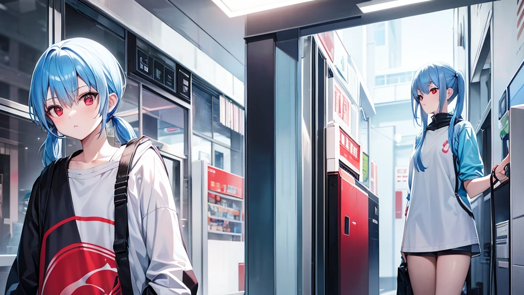 Light blue hair, standing figure, red eyes, cyber clothes, cool, slanted eyes, short pigtails, 1 person