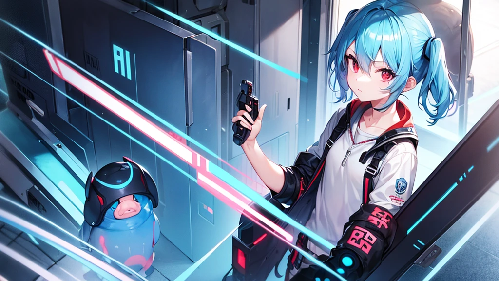 Light blue hair, standing figure, red eyes, cyber clothes, cool, slanted eyes, short pigtails, 1 person