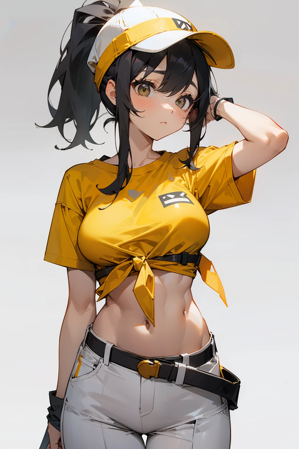 Cute girl, gray hat, light black hair, ponytail, yellow T-shirt with very short sleeves and a red piece tied over it like a cowboy piece, tied under the breasts, big breasts, exposed stomach, white pants, gray belt, gray hat, hat