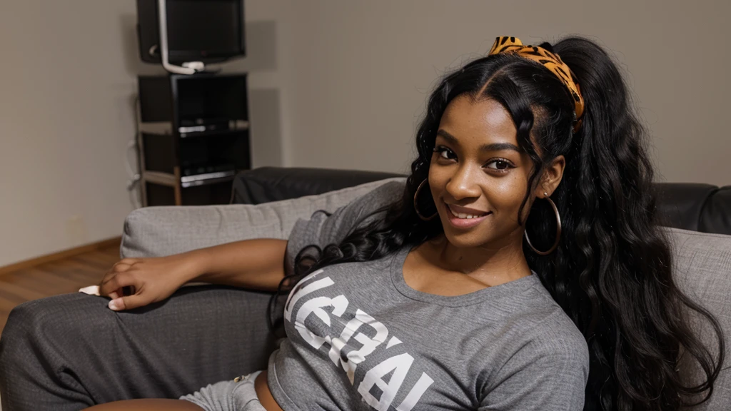 a selfie of a 45 years old black woman black youtuber , sitting on a couch i, n her luxury gamer room , with a shirt on and a smile,  wearing a sexy cropped top, long afro hair, a woman with a tiger headband on , is smiling and wearing a sexy gray shirt huge tits, wig, wearing a headband,  long black hair in a ponytail, long wild black curly hair, her black hair is a long curly, with afro, black ponytail hair, ponytail black hair, ultra high definition picture , 4k.
