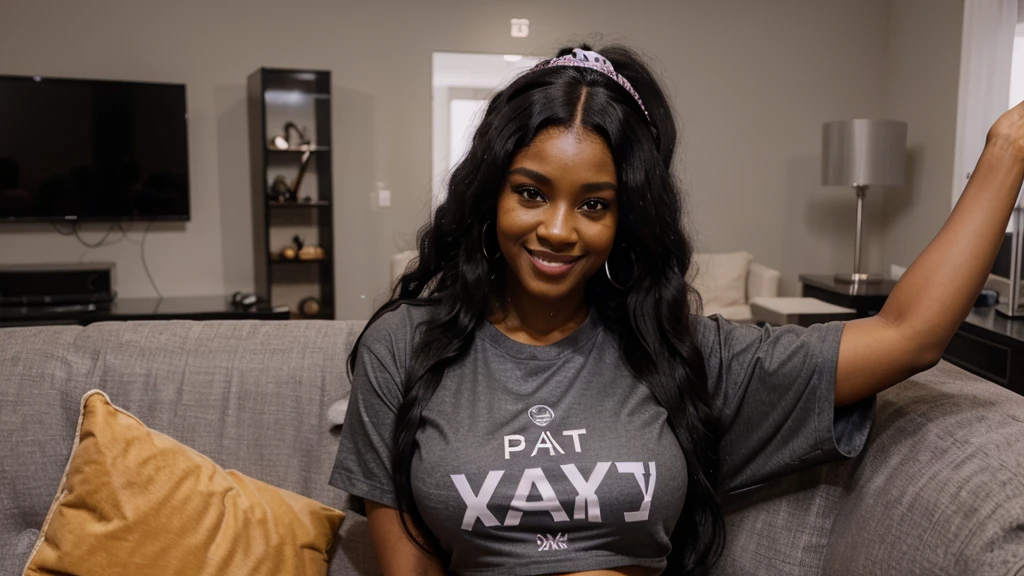 a selfie of a 45 years old black woman black youtuber , sitting on a couch i, n her luxury gamer room , with a shirt on and a smile,  wearing a sexy cropped top, long afro hair, a woman with a tiger headband on , is smiling and wearing a sexy gray shirt huge tits, wig, wearing a headband,  long black hair in a ponytail, long wild black curly hair, her black hair is a long curly, with afro, black ponytail hair, ponytail black hair, ultra high definition picture , 4k.
