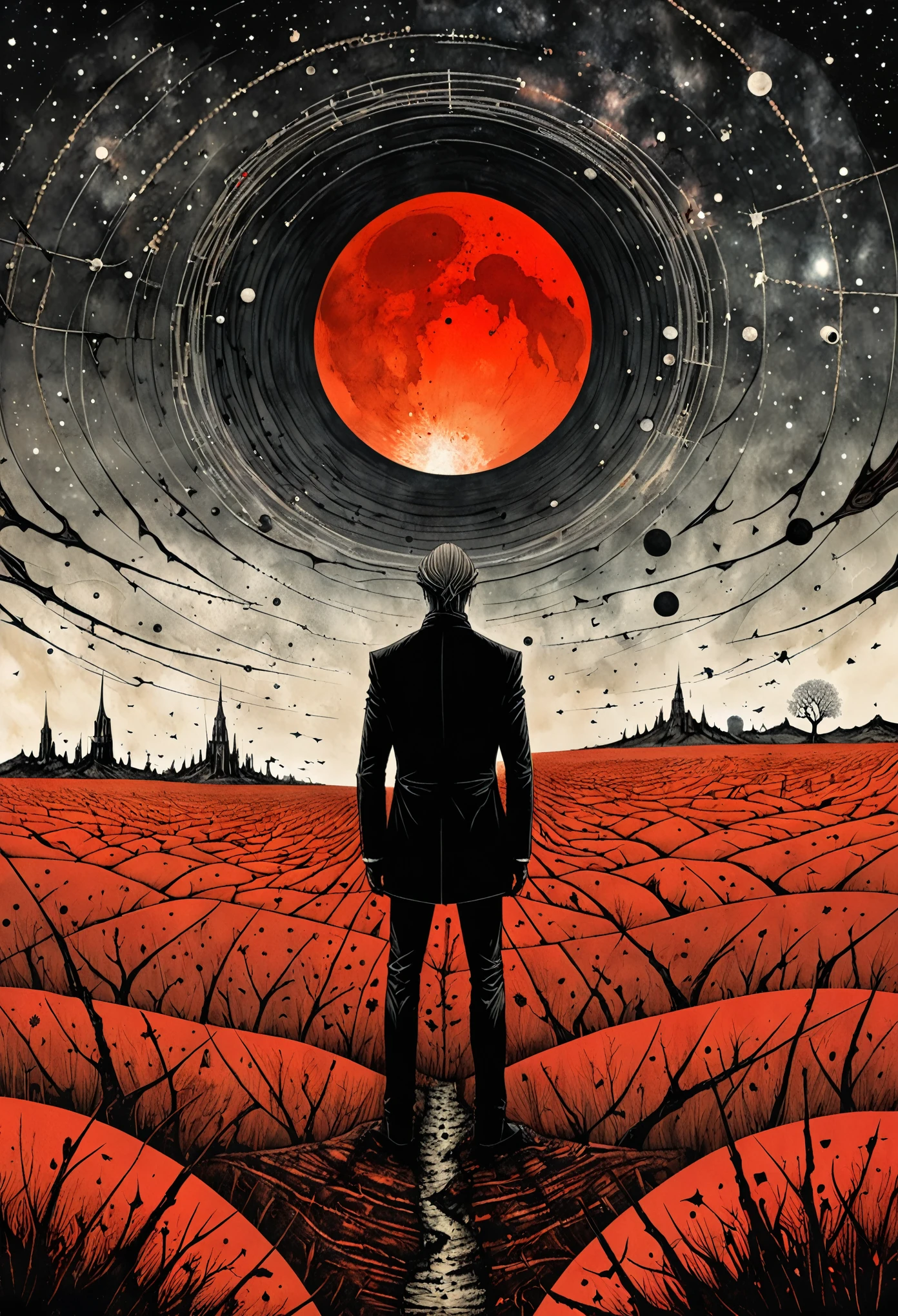 in style of Santiago Caruso,Linear delusion, Collage art:A man standing in a field,Behind me is a huge red sun,Fantasy Art, galaxy,illustration, Vector