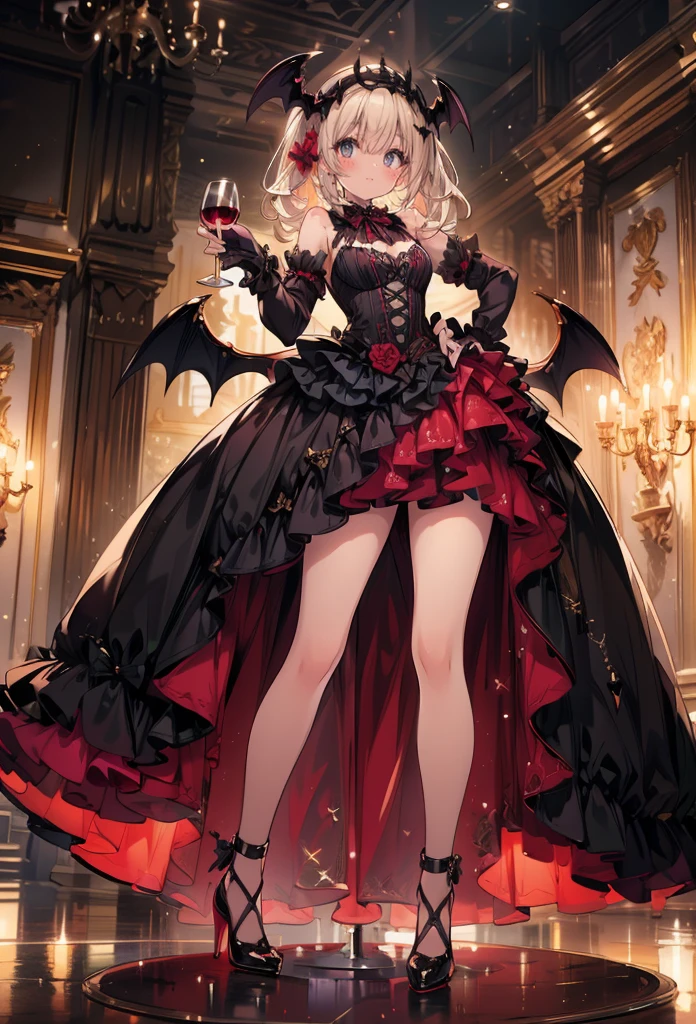 masterpiece, best quality, high resolution, extremely detailed CG, absurdres, highres, 1girl, solo, a vampire girl in gothic costume, stands near a round table with a brandy glass filled with red wine, bat_wings on head, heels, frills, luxury hall, Colorful portraits