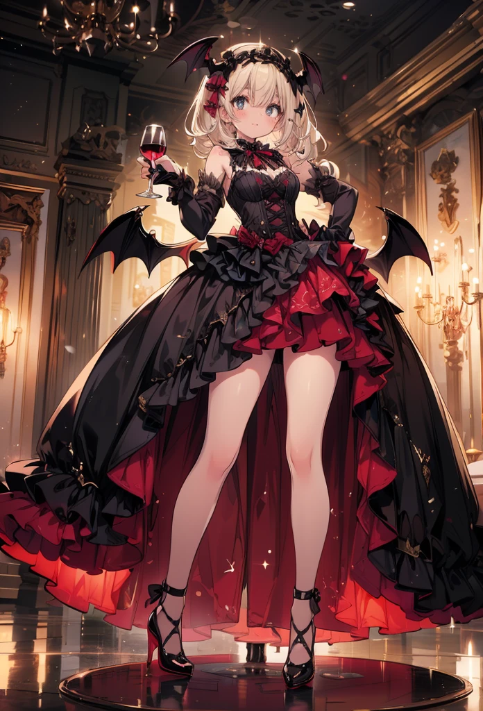masterpiece, best quality, high resolution, extremely detailed CG, absurdres, highres, 1girl, solo, a vampire girl in gothic costume, stands near a round table with a brandy glass filled with red wine, bat_wings on head, heels, frills, luxury hall, Colorful portraits
