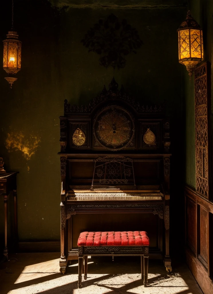 Inside the Gothic room, shadows loom over dusty antique furniture and worn tapestries hanging from stone walls. Flickering candles illuminate shelves filled with jars of bright-colored liquids and strange mechanical contraptions. A cobweb-covered piano waits in a corner, while a porcelain figure with empty eyes gazes from its pedestal. An ancient clock marks time with an ominous tick-tock. The air is heavy with the scent of incense and dried herbs. Every shadow seems to hide a secret, every corner whispers a forgotten tale.