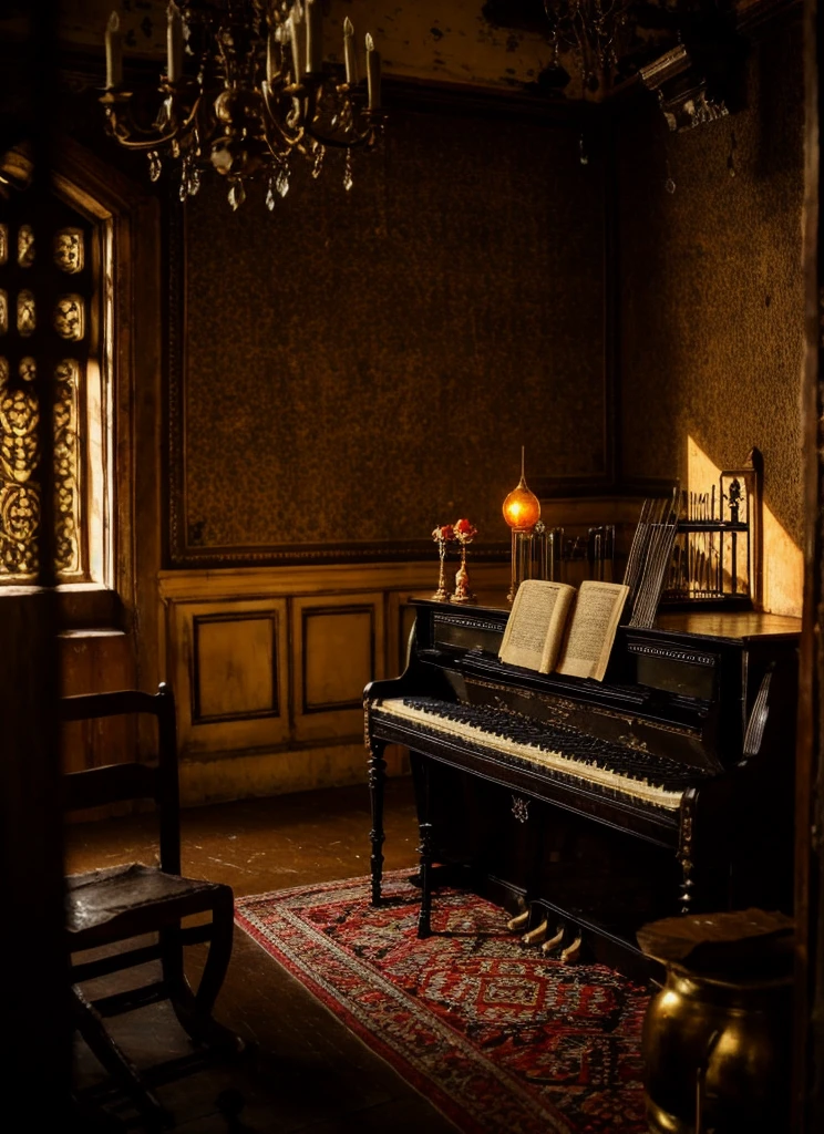 Inside the Gothic room, shadows loom over dusty antique furniture and worn tapestries hanging from stone walls. Flickering candles illuminate shelves filled with jars of bright-colored liquids and strange mechanical contraptions. A cobweb-covered piano waits in a corner, while a porcelain figure with empty eyes gazes from its pedestal. An ancient clock marks time with an ominous tick-tock. The air is heavy with the scent of incense and dried herbs. Every shadow seems to hide a secret, every corner whispers a forgotten tale.