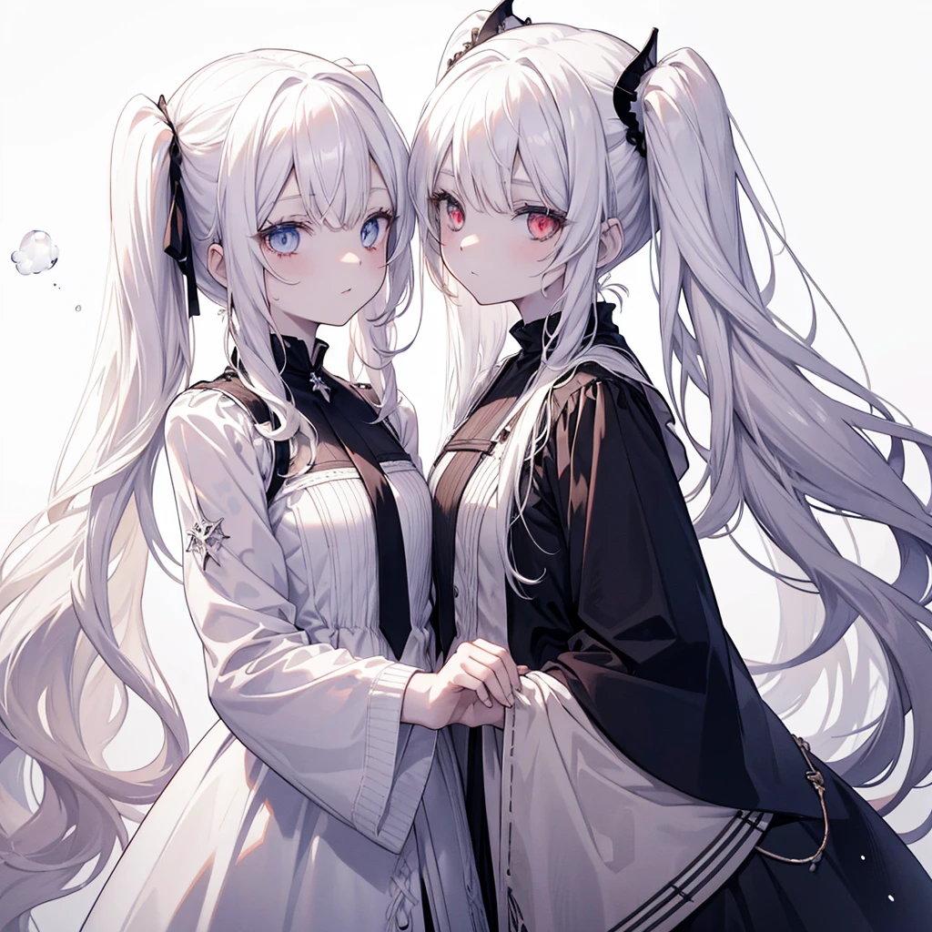 Two girls, red eyes and beige hair, blue eyes and white hair, twin tails, long hair, monochrome gothic fashion, white background, water and fire magic