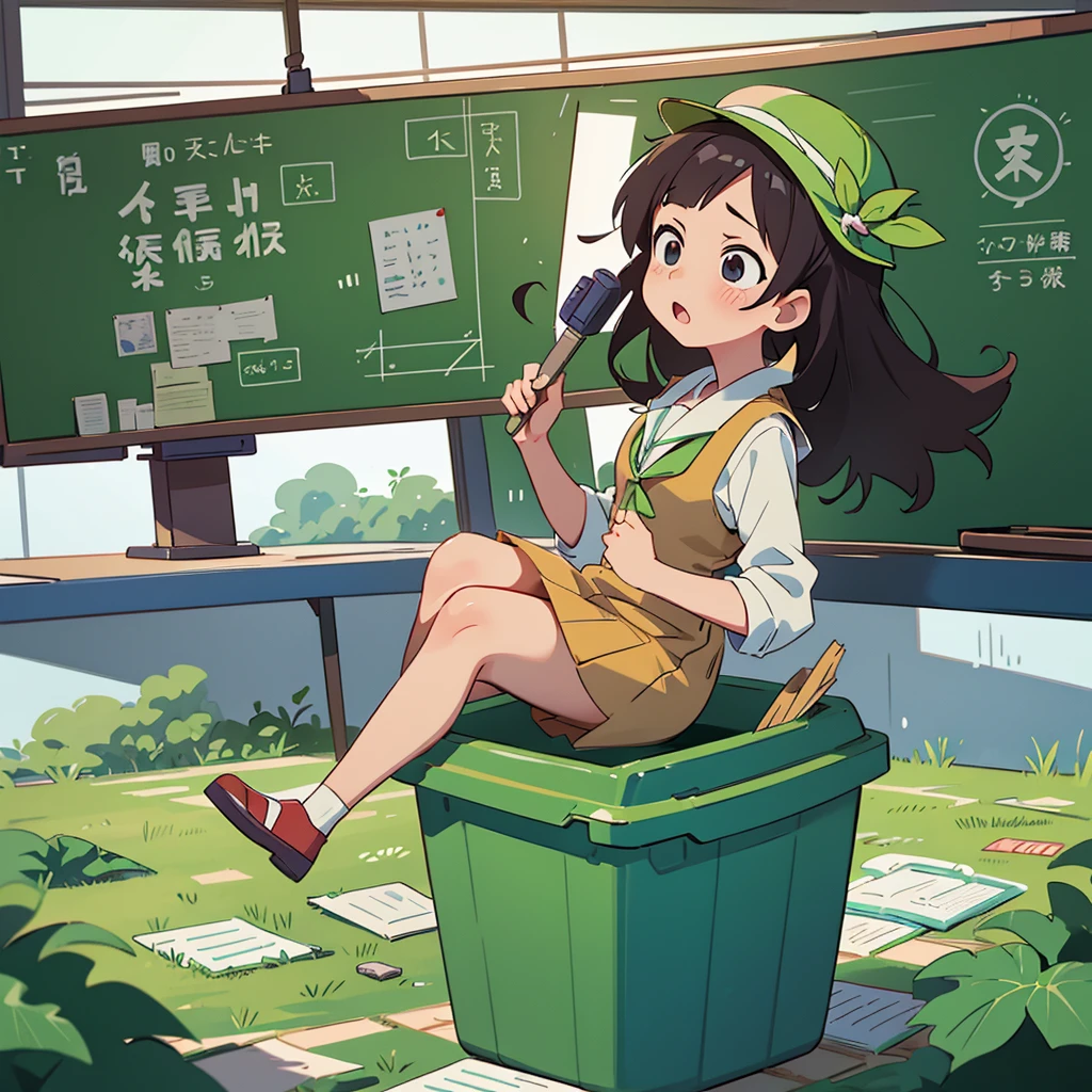 Anime drawing of a teacher explaining in class to the students about the presentation of the different solid waste containers. (organic, inorganic, hazardous).