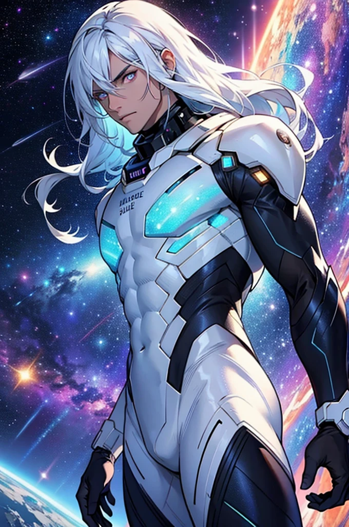 male, masculine, Galaxy theme suit, white glowing eyes, galactic body, space background, body made of stars, long hair, shirtless, cosmic entity, alien