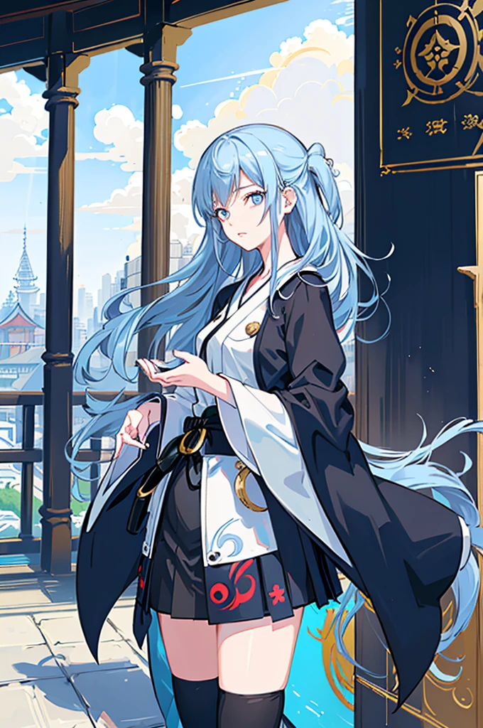 1girl,  solo, outdoors, long hair, holy place, Original,(Illustration:1.1),(Best Quality),(masutepiece:1.1),(the Extremely Detailed CG Unity 8K Wallpapers:1.1), (Colorful:0.9),(mid-shot:0.95),(extremely detailed beautiful face),(Solo:1.2), (girl),(((Lori))), (Detailed beautiful eyes:1.15), (Beautiful face:1.15), (Glowing blue eyes:1.25////),(((sky blue Long Hair))),(two side up),(+perfect hand+:1.21),(Draw illustration of Japan priestess costume),(slender),(White pleated skirt),(Gothic),((black thighhighs)),(frilld),(Beautiful Slender Lolita Girl),hallowween,standing, girl,10 years old,  girl,foggy place,vampire,sky blue hair,(((full body,whole body))),