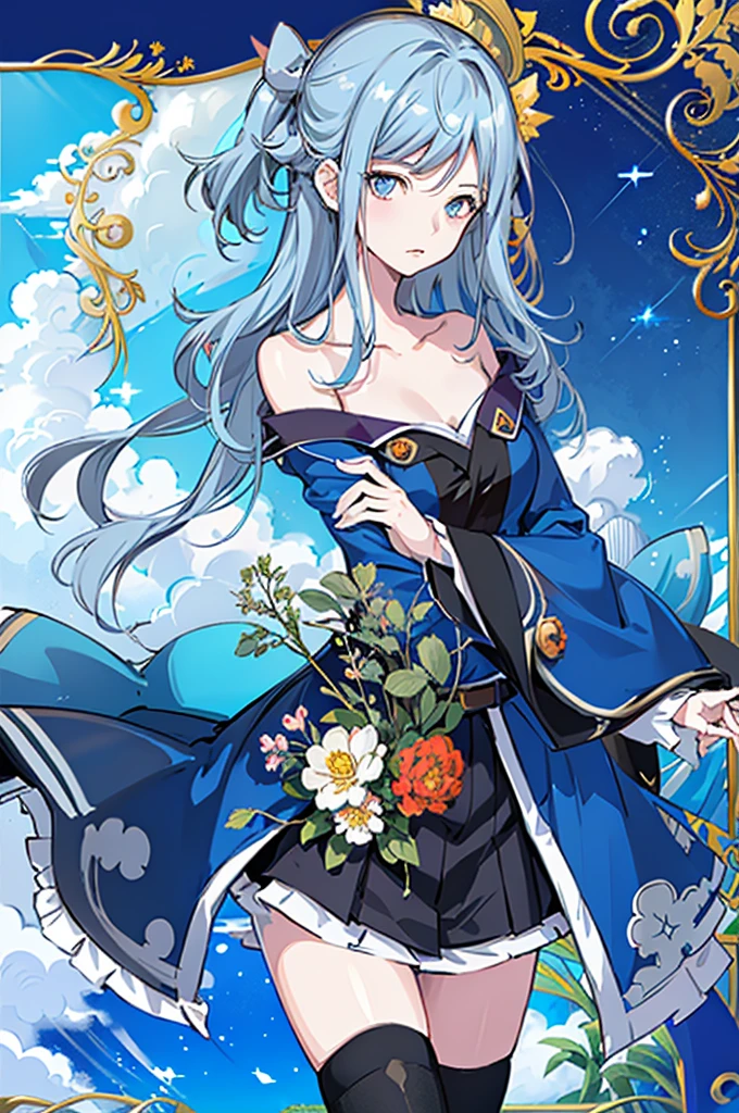 1girl, solo, outdoors, long hair, holy place, Original,(Illustration:1.1),(Best Quality),(masutepiece:1.1),(the Extremely Detailed CG Unity 8K Wallpapers:1.1), (Colorful:0.9),(mid-shot:0.95),(extremely detailed beautiful face),(Solo:1.2), (girl),(((Lori))), (Detailed beautiful eyes:1.15), (Beautiful face:1.15), (Glowing blue eyes:1.25////),(((sky blue Long Hair))),(two side up),(+perfect hand+:1.21),(Draw illustration of Japan priestess costume),(slender),(White pleated skirt),(Gothic),((black thighhighs)),(frilld),(Beautiful Slender Lolita Girl),hallowween,standing, girl,10 years old, girl,foggy place,vampire,sky blue hair,(((full body,whole body))),